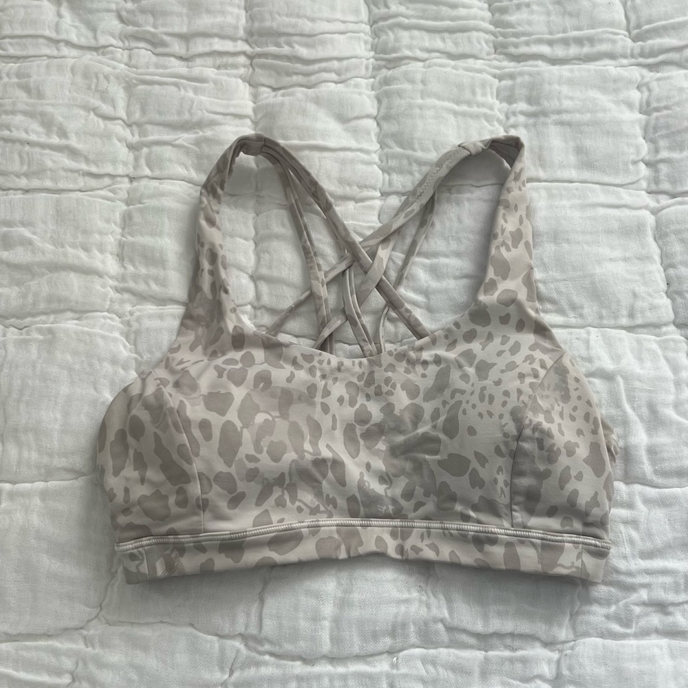White & Grey Patterned Lululemon Free to Be Serene Bra